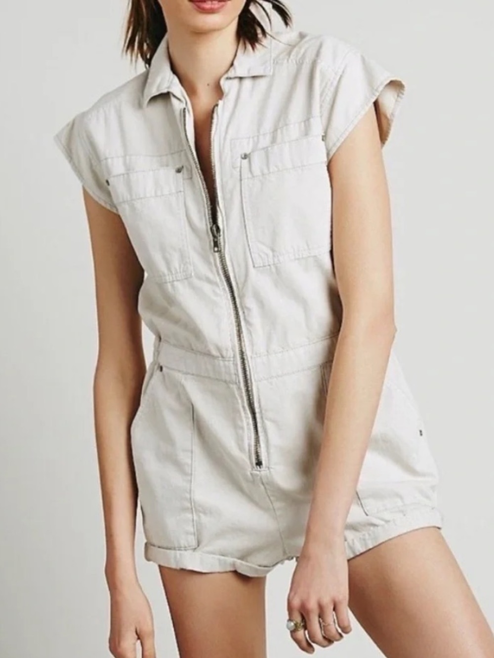 Free People Parachute Brief Zip Cargo Utility Romper Short Bone White Medium